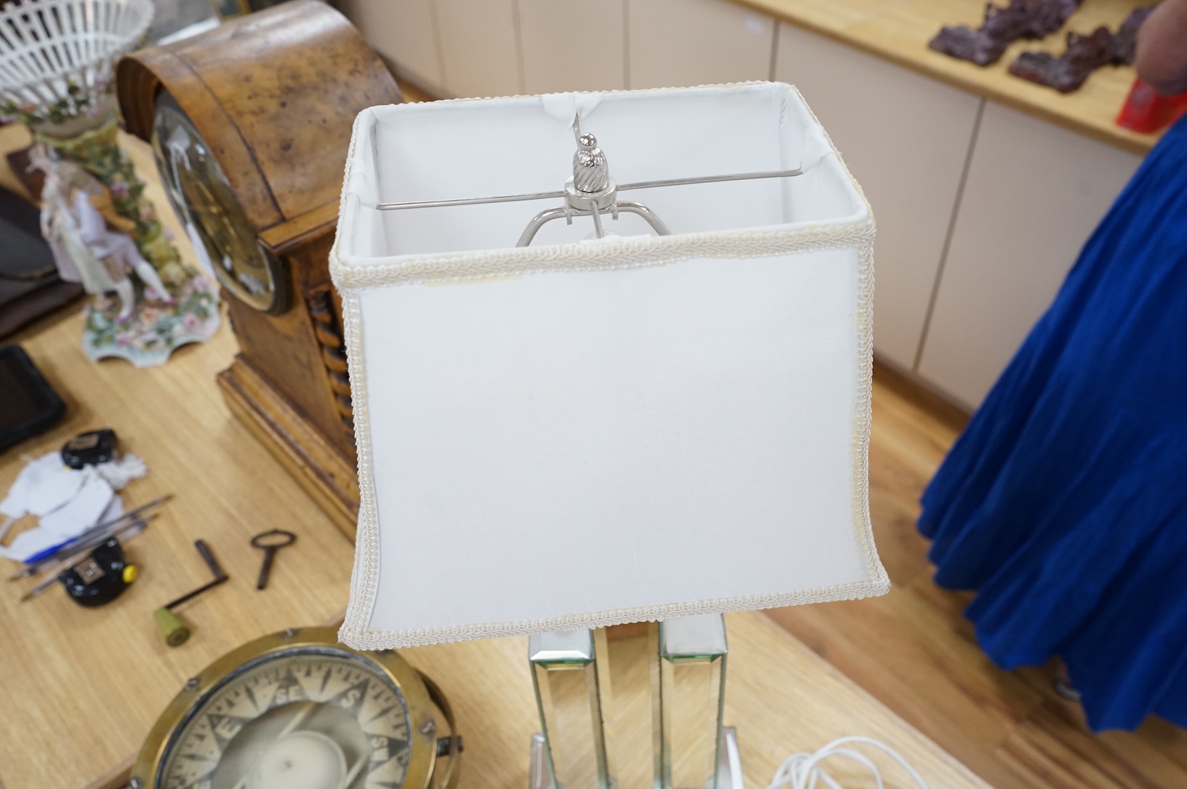 A modern mirrored table lamp and shade, 63cm total